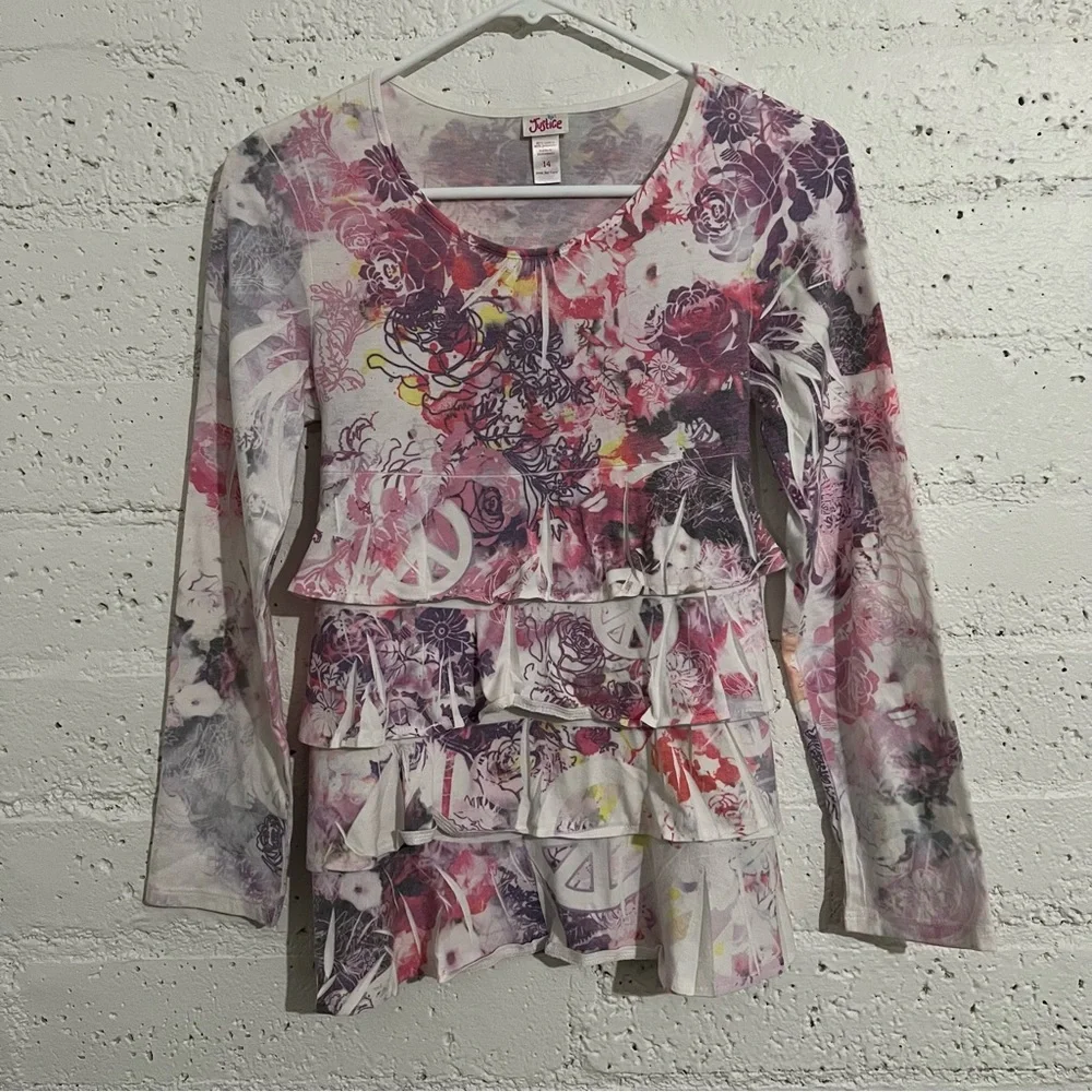 5/$25 Justice Girls Top 14 Pink Floral Sublimation Long Sleeve Tiered AQ11